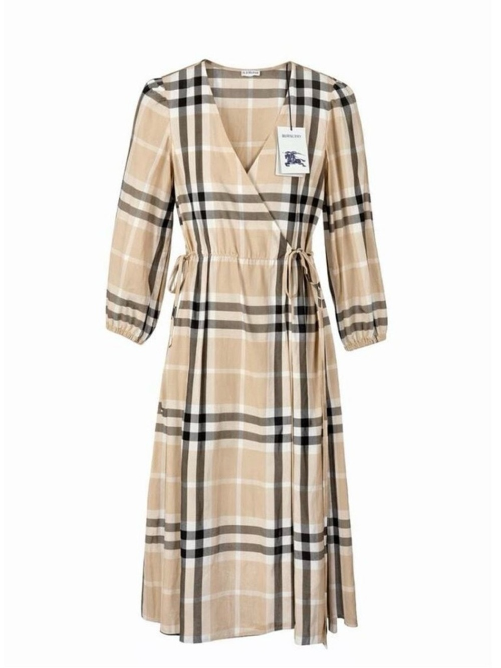Burberry Beige Plaid Long Sleeve Wrap Maxi Dress